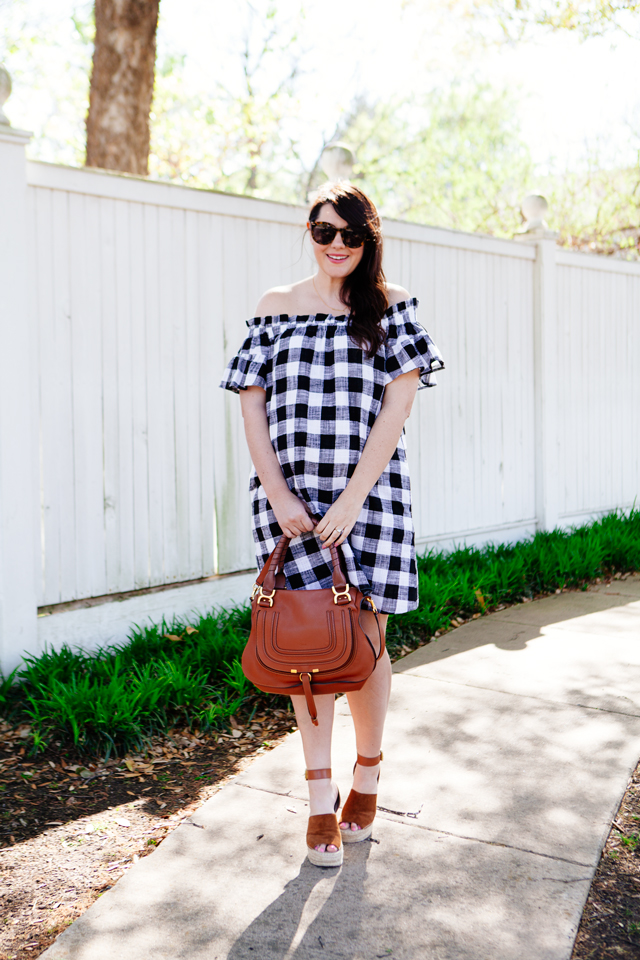 Gingham off the shoulder dress for spring. Maternity spring outfit ideas.