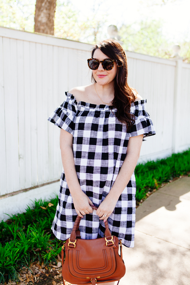 Gingham off the shoulder dress for spring. Maternity spring outfit ideas.