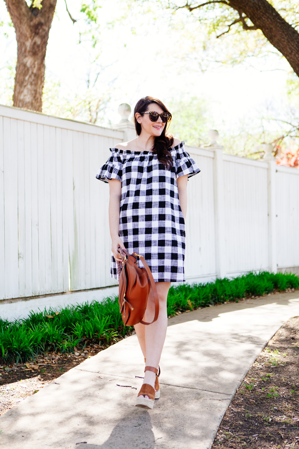 Gingham off the shoulder dress for spring. Maternity spring outfit ideas.