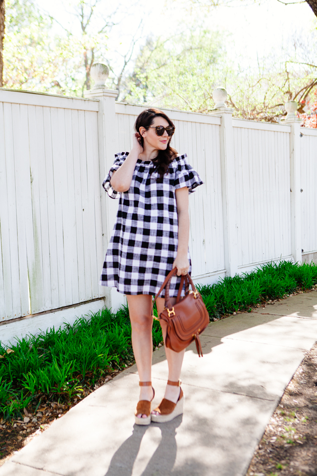 Gingham off the shoulder dress for spring. Maternity spring outfit ideas.