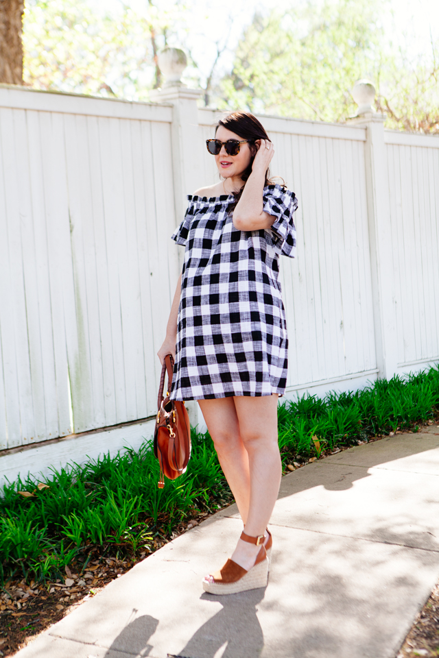 Gingham off the shoulder dress for spring. Maternity spring outfit ideas.