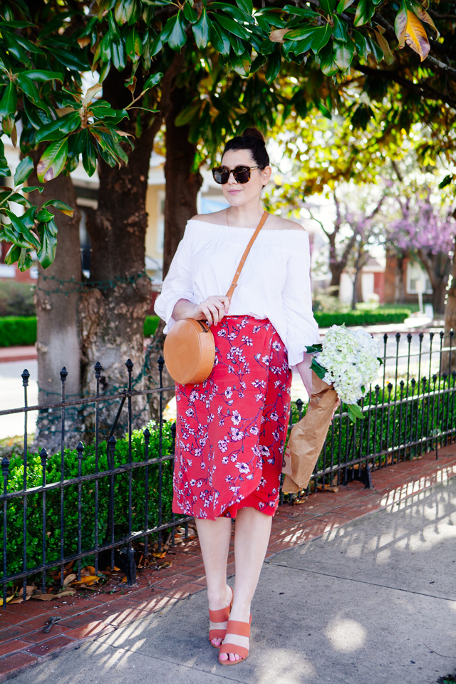 Red floral midi skirt and white off the shoulder outfit on Kendi Everyday