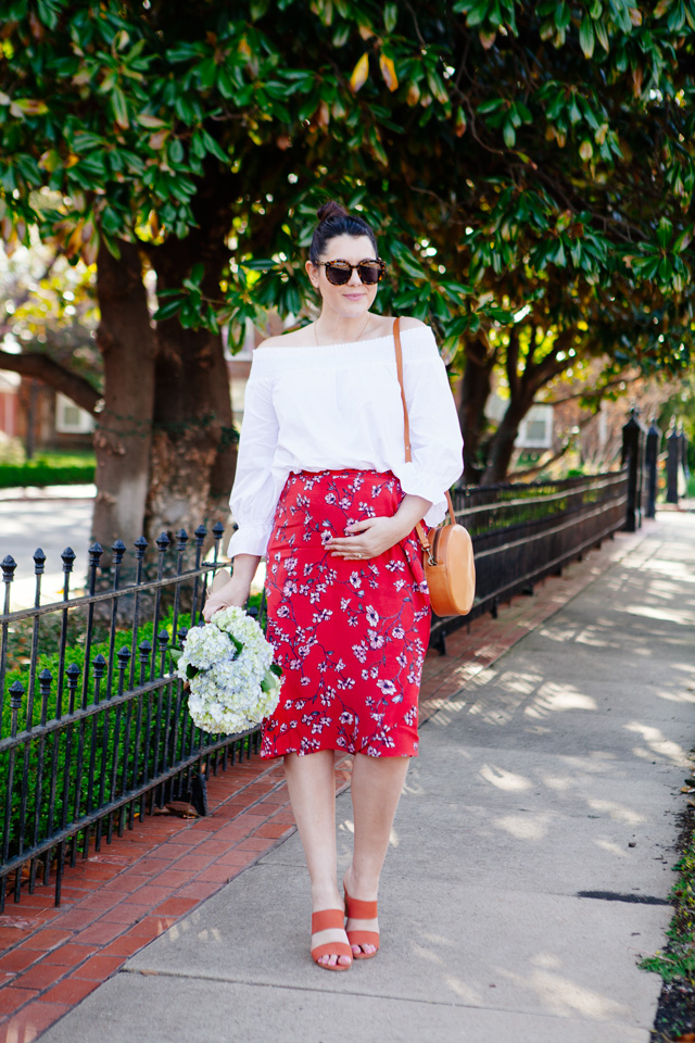 Red floral midi skirt and white off the shoulder outfit on Kendi Everyday