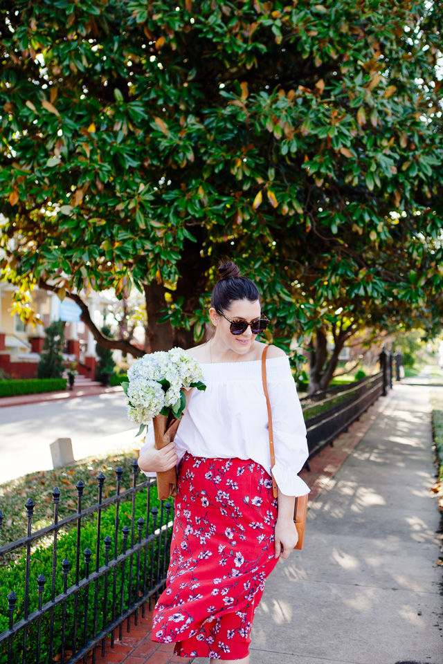 Red floral midi skirt and white off the shoulder outfit on Kendi Everyday