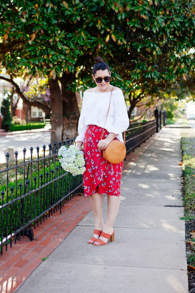 Red floral midi skirt and white off the shoulder outfit on Kendi Everyday