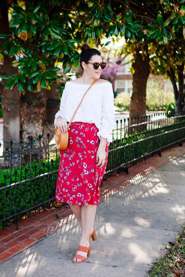 Red floral midi skirt and white off the shoulder outfit on Kendi Everyday