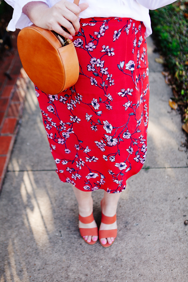 Red floral midi skirt and white off the shoulder outfit on Kendi Everyday