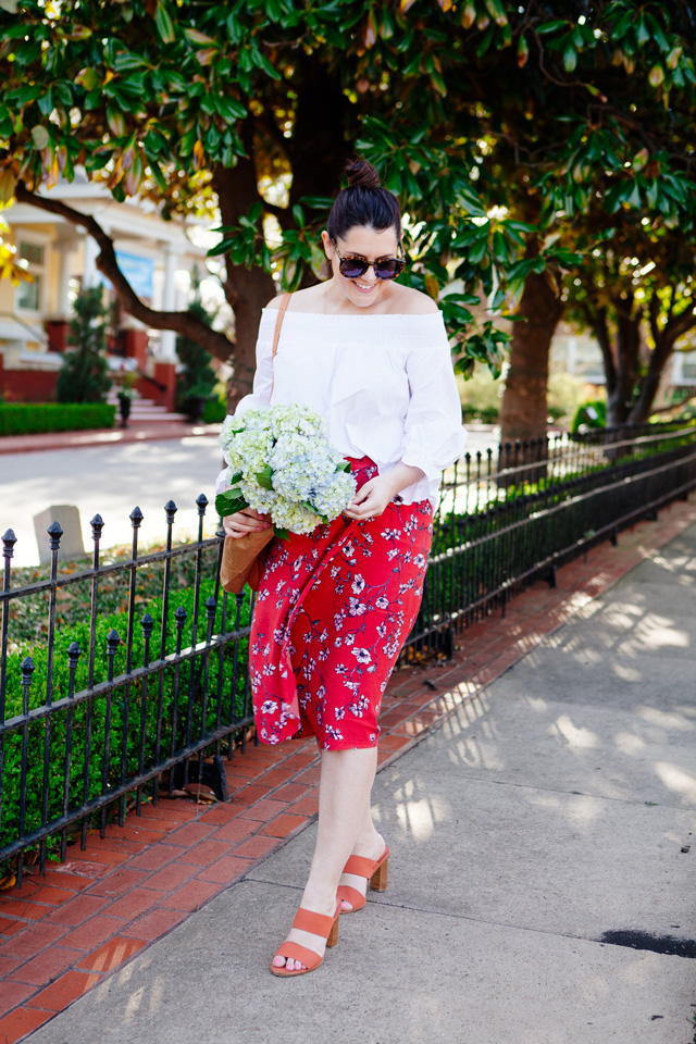 Red floral midi skirt and white off the shoulder outfit on Kendi Everyday