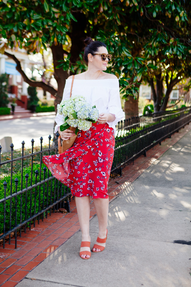 Red floral midi skirt and white off the shoulder outfit on Kendi Everyday