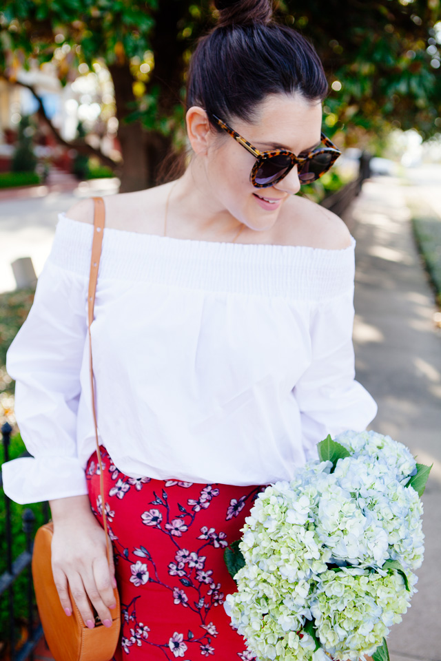 Red floral midi skirt and white off the shoulder outfit on Kendi Everyday