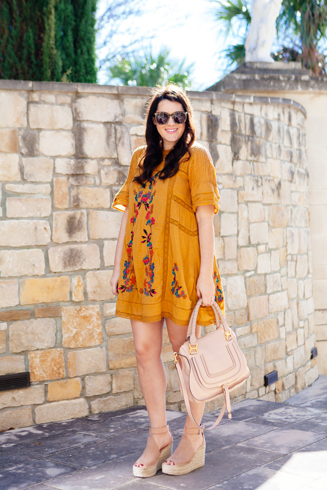 Free People Embroidered Dress with Marc Fisher Espadrilles. Maternity Style at 17 weeks. 