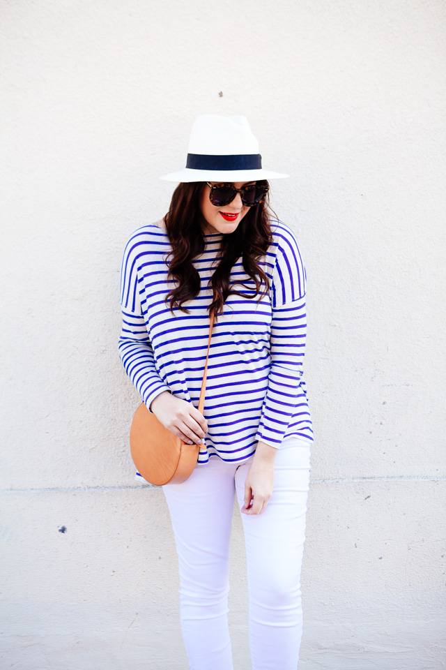 The Great striped tee and Loft maternity white jeans on Kendi Everyday. Maternity Style outfit. 