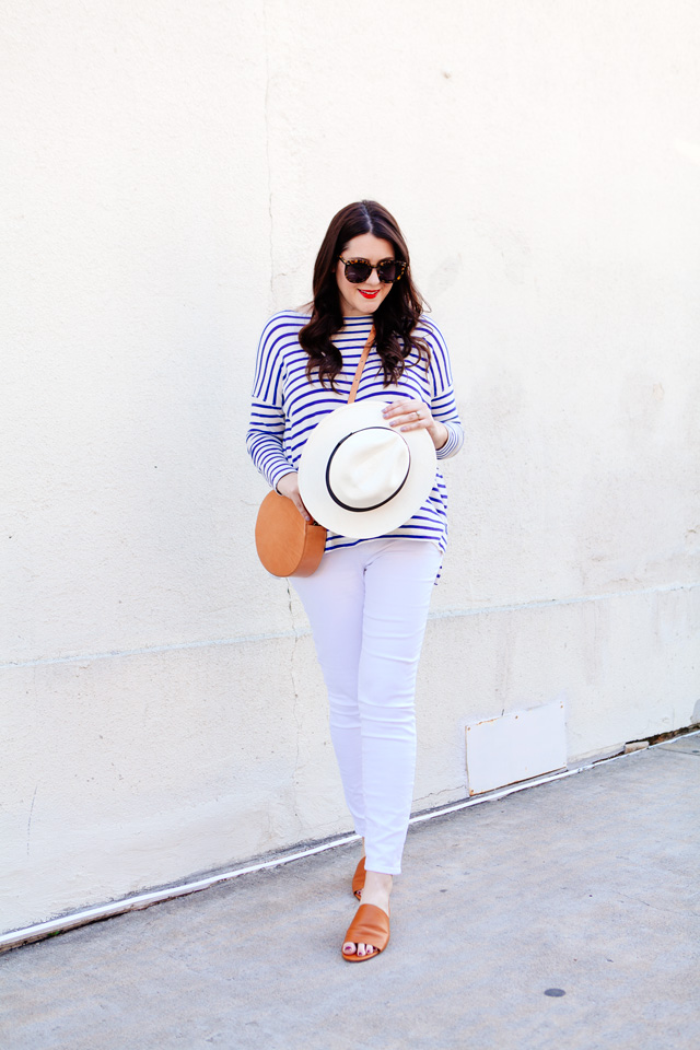 The Great striped tee and Loft maternity white jeans on Kendi Everyday. Maternity Style outfit. 