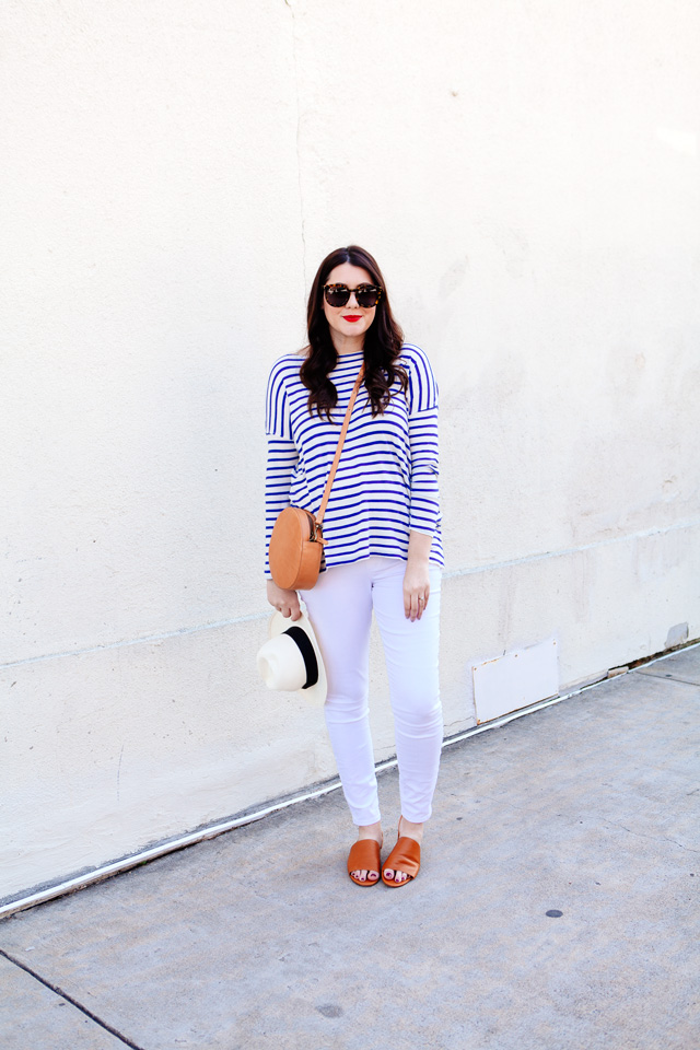 The Great striped tee and Loft maternity white jeans on Kendi Everyday. Maternity Style outfit. 