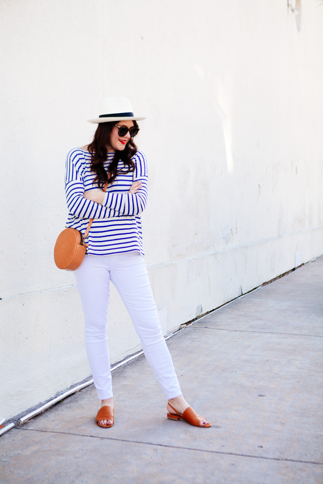 The Great striped tee and Loft maternity white jeans on Kendi Everyday. Maternity Style outfit. 