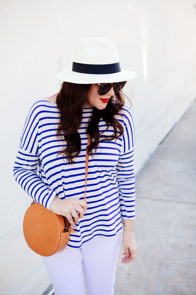 The Great striped tee and Loft maternity white jeans on Kendi Everyday. Maternity Style outfit. 