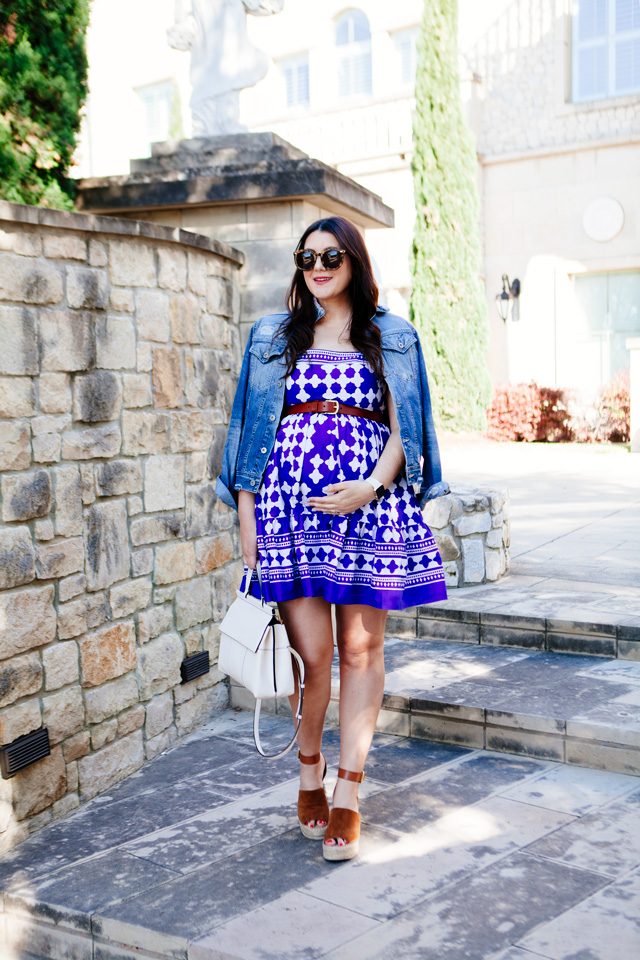 Kate Spade Dress with over the shoulder denim jacket. Maternity style. 