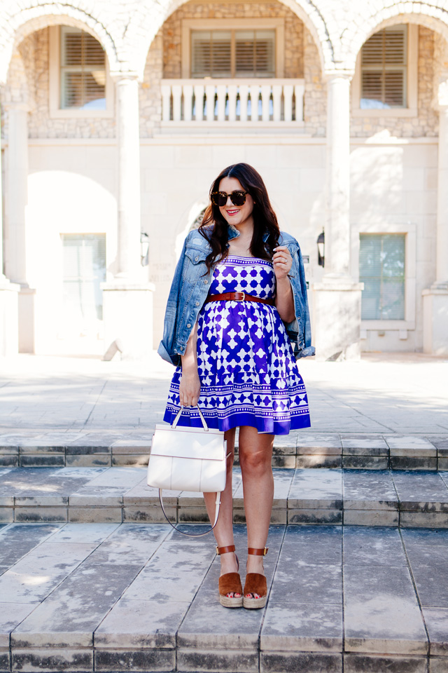 Kate Spade Dress with over the shoulder denim jacket. Maternity style. 