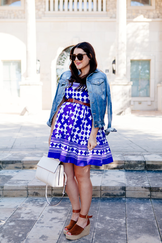 Kate Spade Dress with over the shoulder denim jacket. Maternity style. 