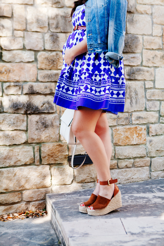 Kate Spade Dress with over the shoulder denim jacket. Maternity style. 