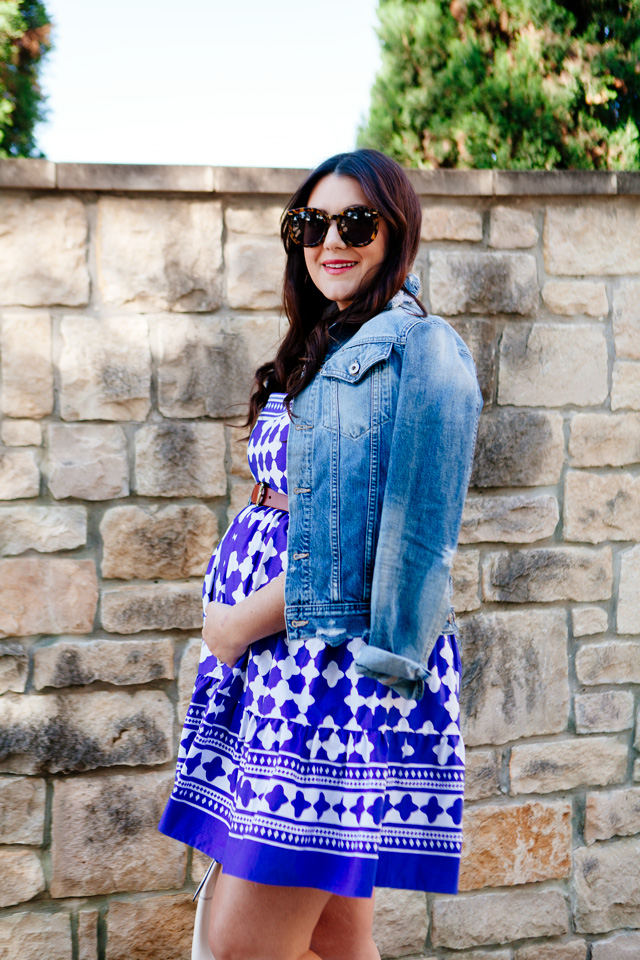 Kate Spade Dress with over the shoulder denim jacket. Maternity style. 