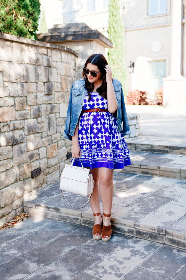 Kate Spade Dress with over the shoulder denim jacket. Maternity style. 