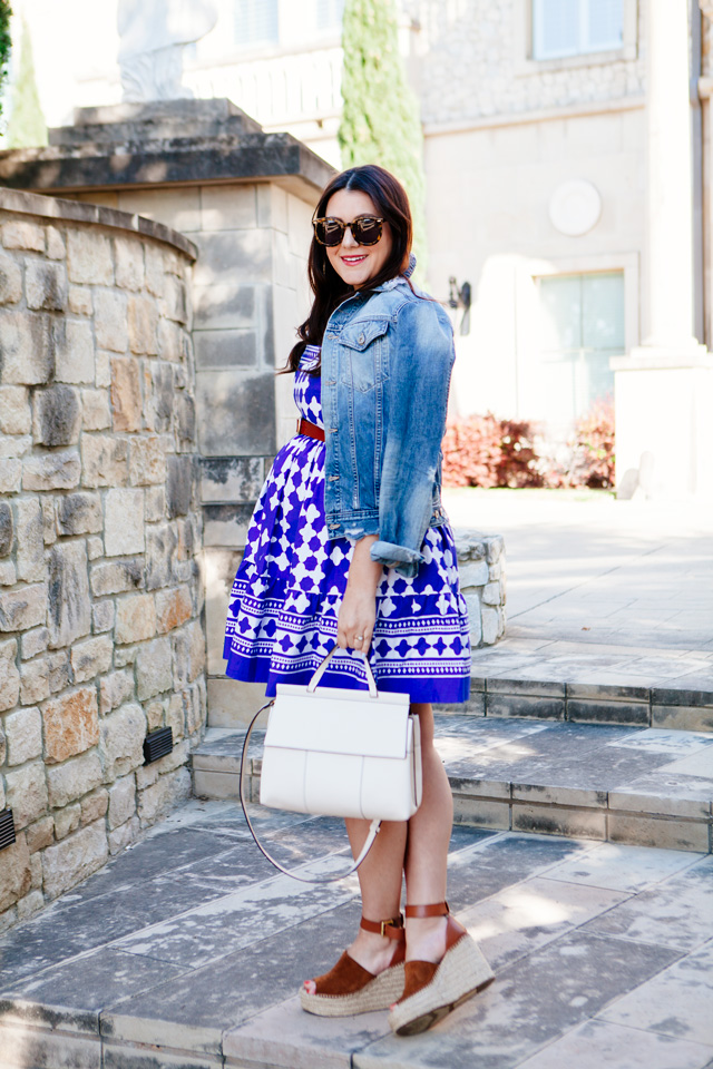 Kate Spade Dress with over the shoulder denim jacket. Maternity style. 