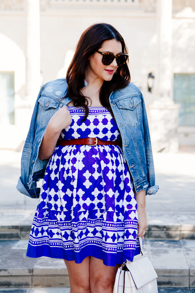 Kate Spade Dress with over the shoulder denim jacket. Maternity style. 