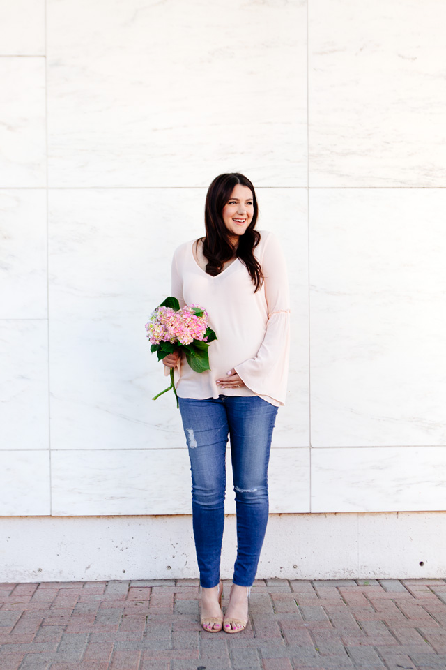 pink bell sleeve blouse with pink flowers