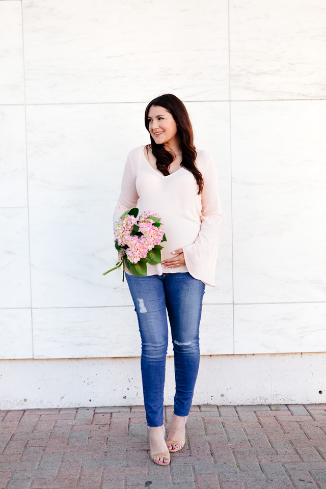 pink bell sleeve blouse with pink flowers