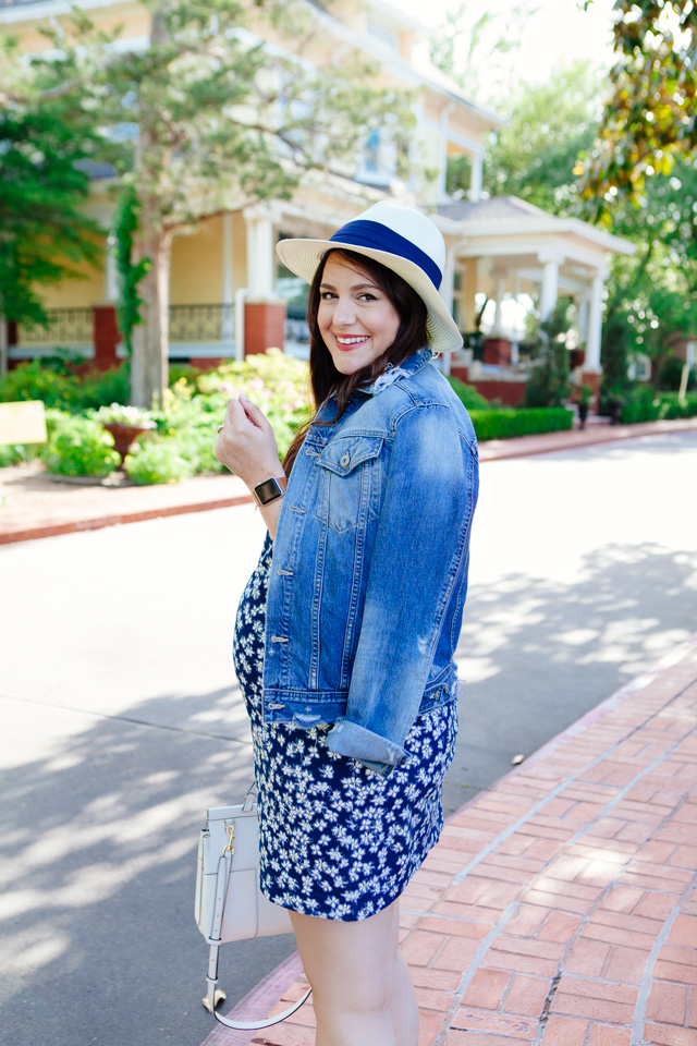 Draper James floral dress with distressed denim jacket.