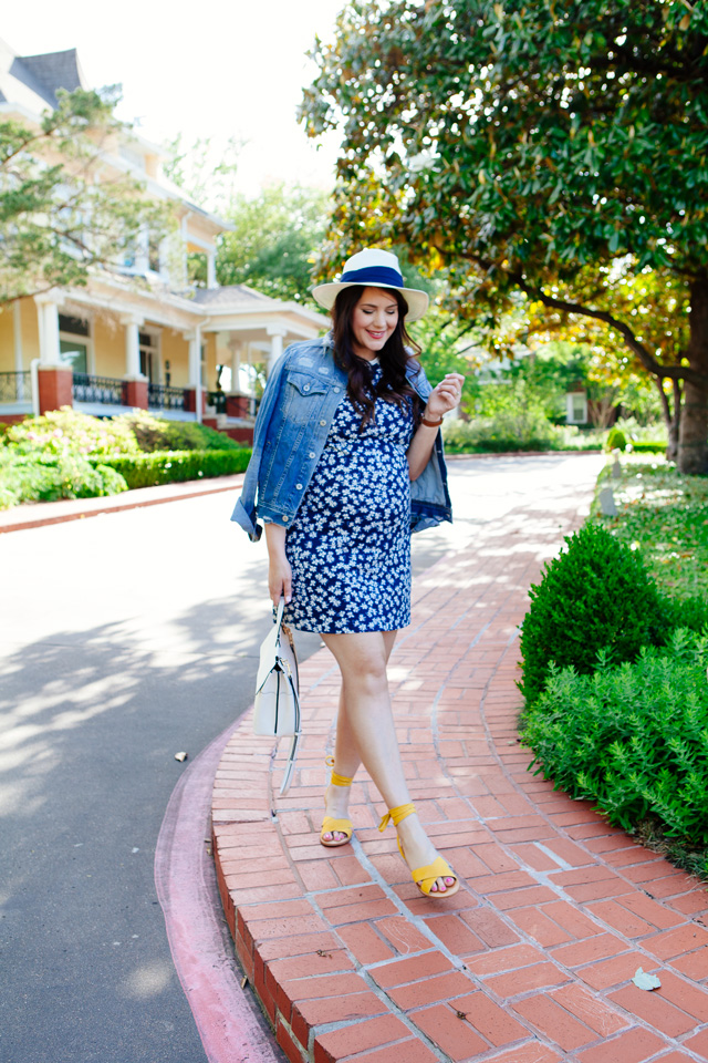 Draper James floral dress with distressed denim jacket.