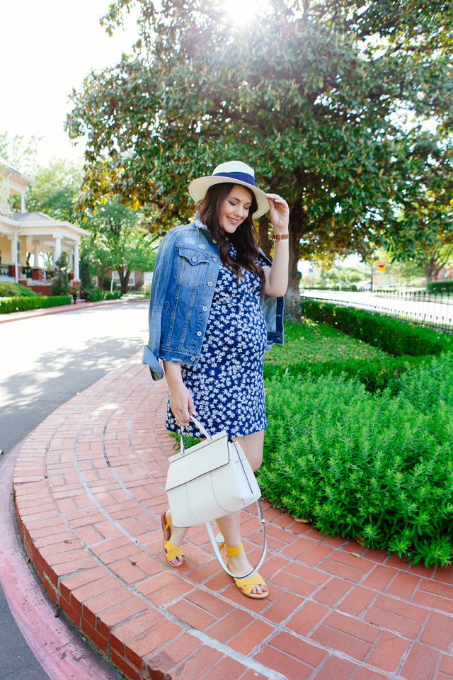 Draper James floral dress with distressed denim jacket.