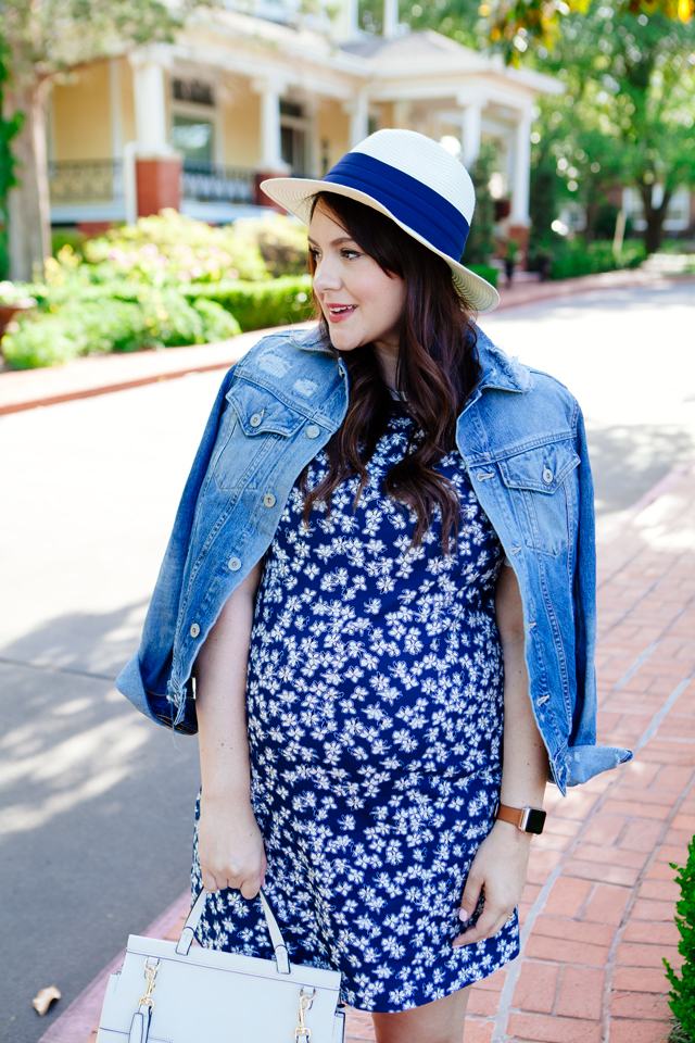 Draper James floral dress with distressed denim jacket.