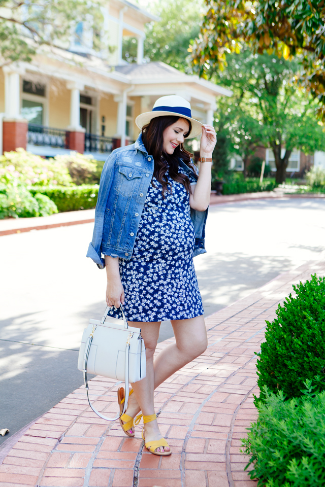 Draper James floral dress with distressed denim jacket.