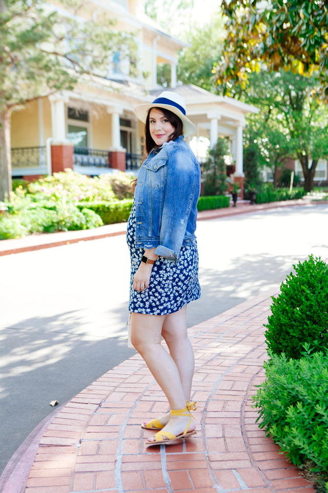 Draper James floral dress with distressed denim jacket.