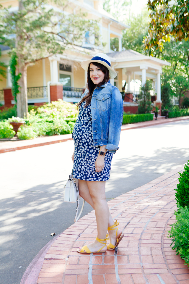 Draper James floral dress with distressed denim jacket.