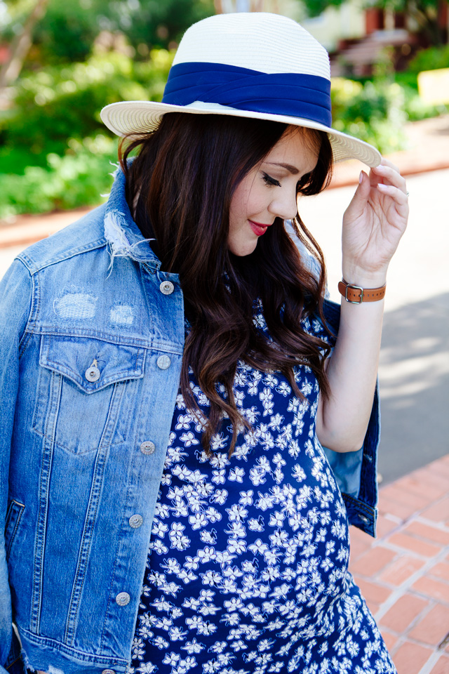 Draper James floral dress with distressed denim jacket.