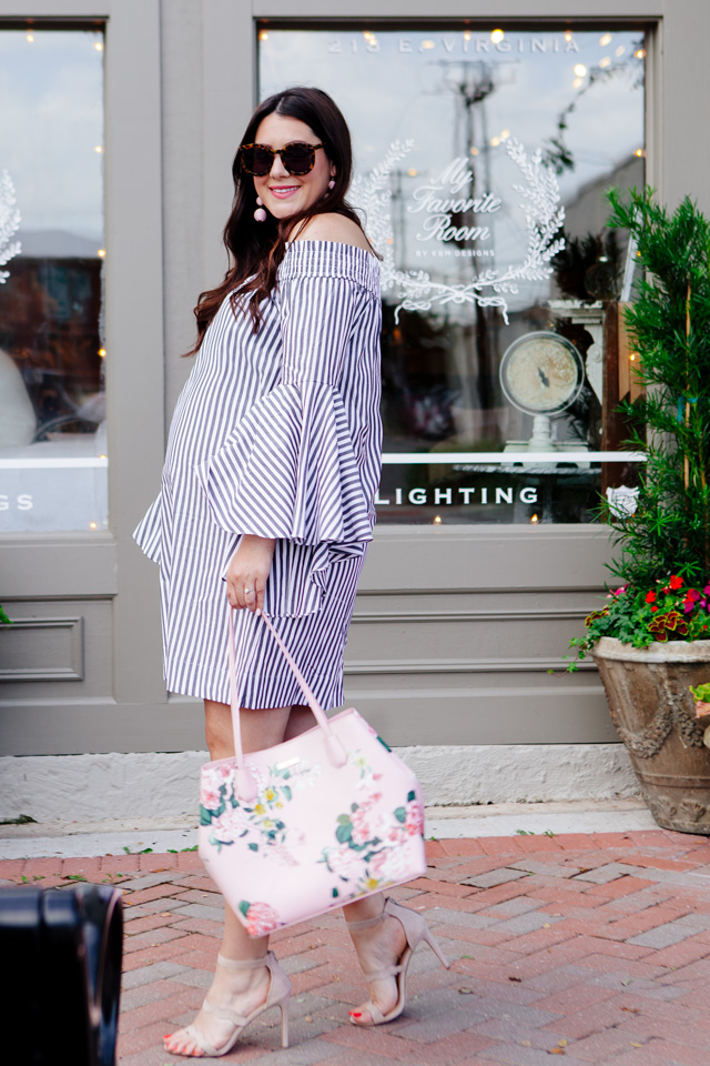 Striped Off the Shoulder Dress with Floral Purse outfit.