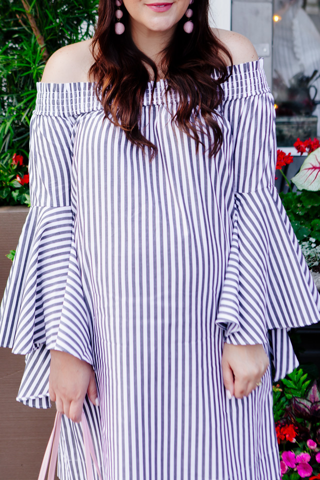 Striped Off the Shoulder Dress with Floral Purse outfit.