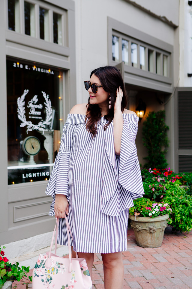 Striped Off the Shoulder Dress with Floral Purse outfit.