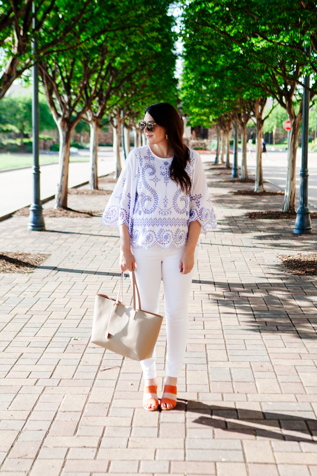 Tory Burch Embroidered Tunic with white jeans. 