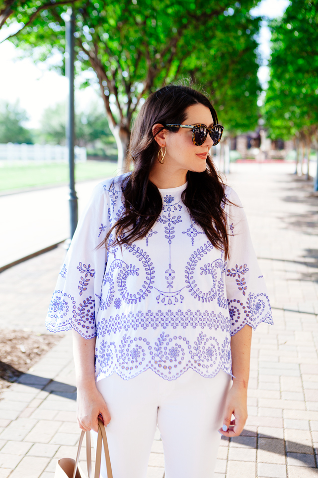 Tory Burch Embroidered Tunic with white jeans. 