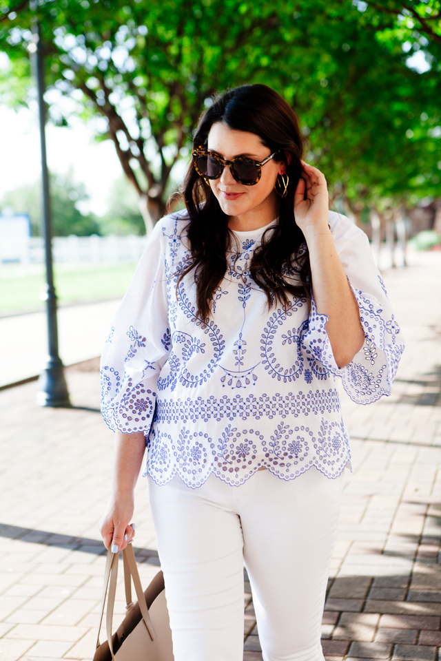 Tory Burch Embroidered Tunic with white jeans. 