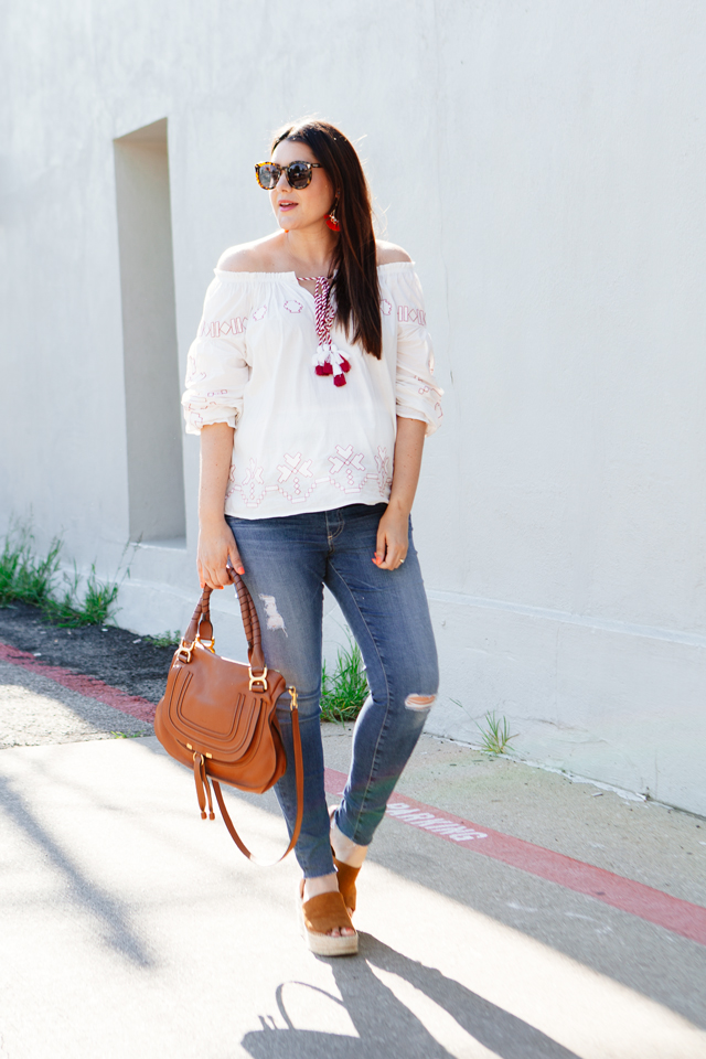 Off the shoulder top for summer. Maternity outfit ideas.
