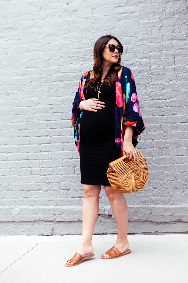 Maternity style, kimono and body con dress.