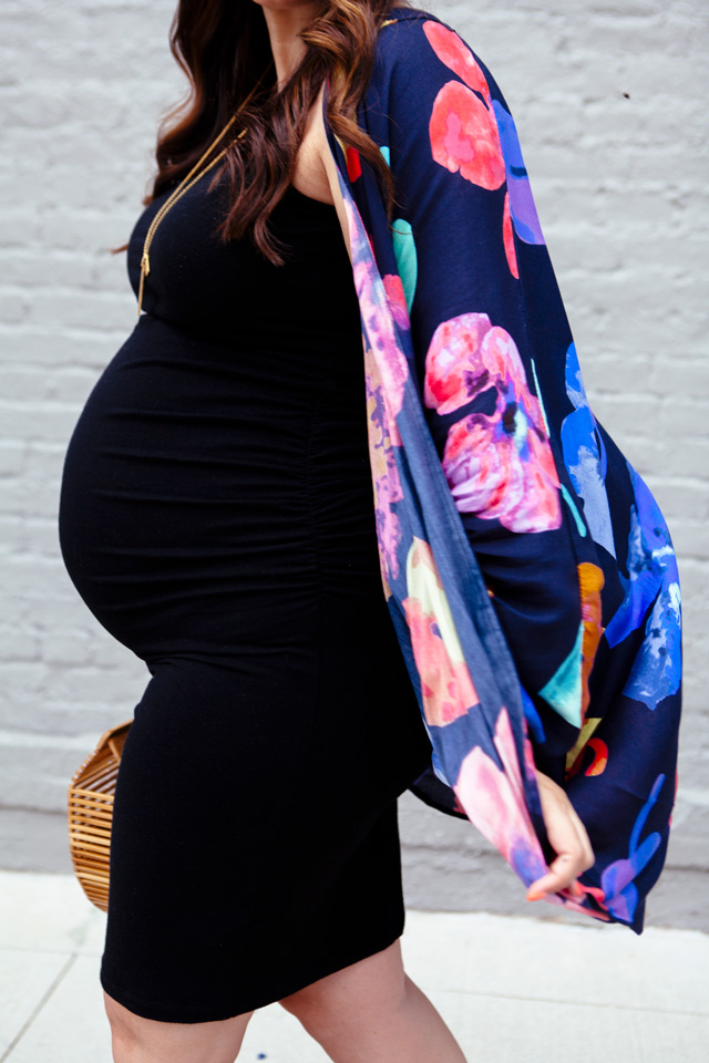 Maternity style, kimono and body con dress.