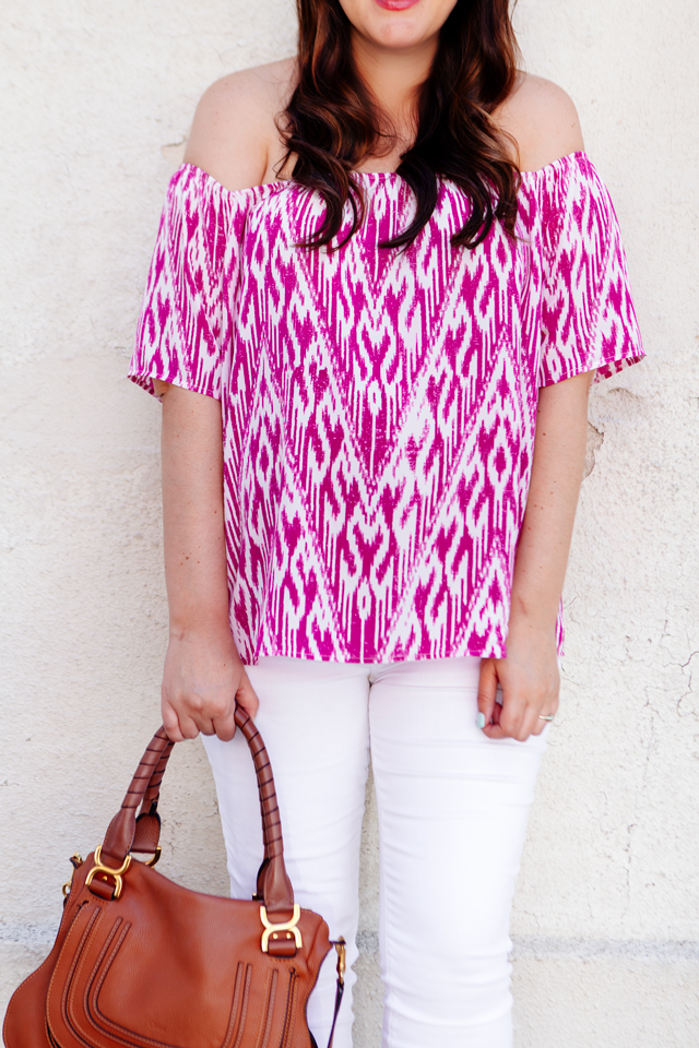 Ikat top with white jeans. Maternity summer style. 