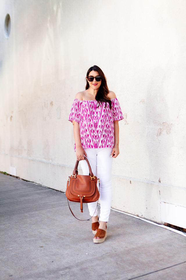 Ikat top with white jeans. Maternity summer style. 