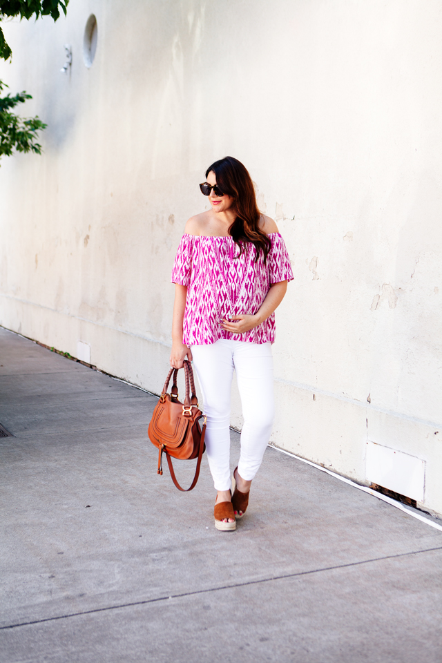 Ikat top with white jeans. Maternity summer style. 
